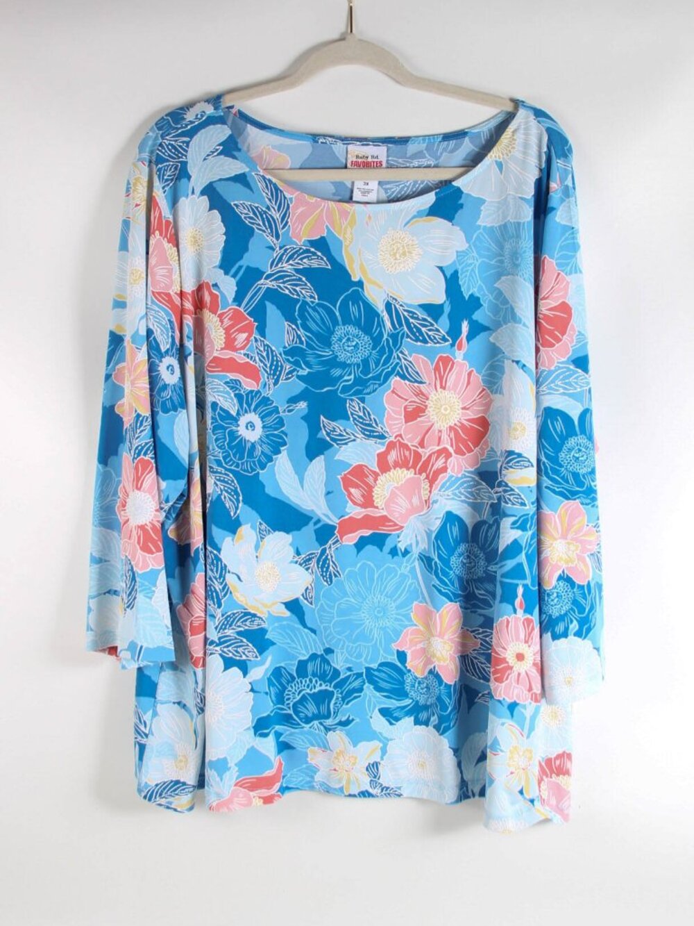 Ruby Rd Favorites Women’s 3X Blue Floral Stretch Top 3/4 Sleeve Plus Size Blouse